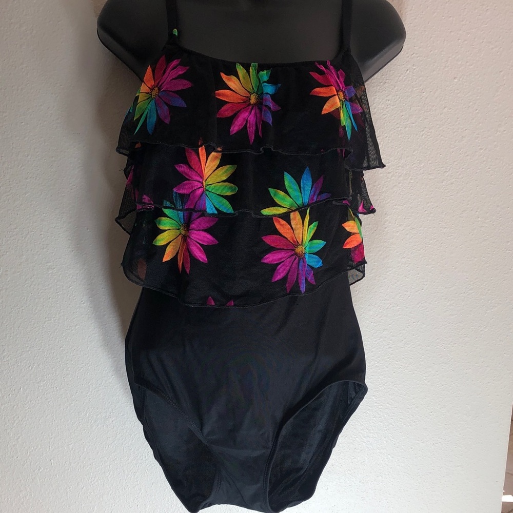 Vintage Longitude Black One-Piece Swimsuit with Rainbow Floral Ruffles, Size 10